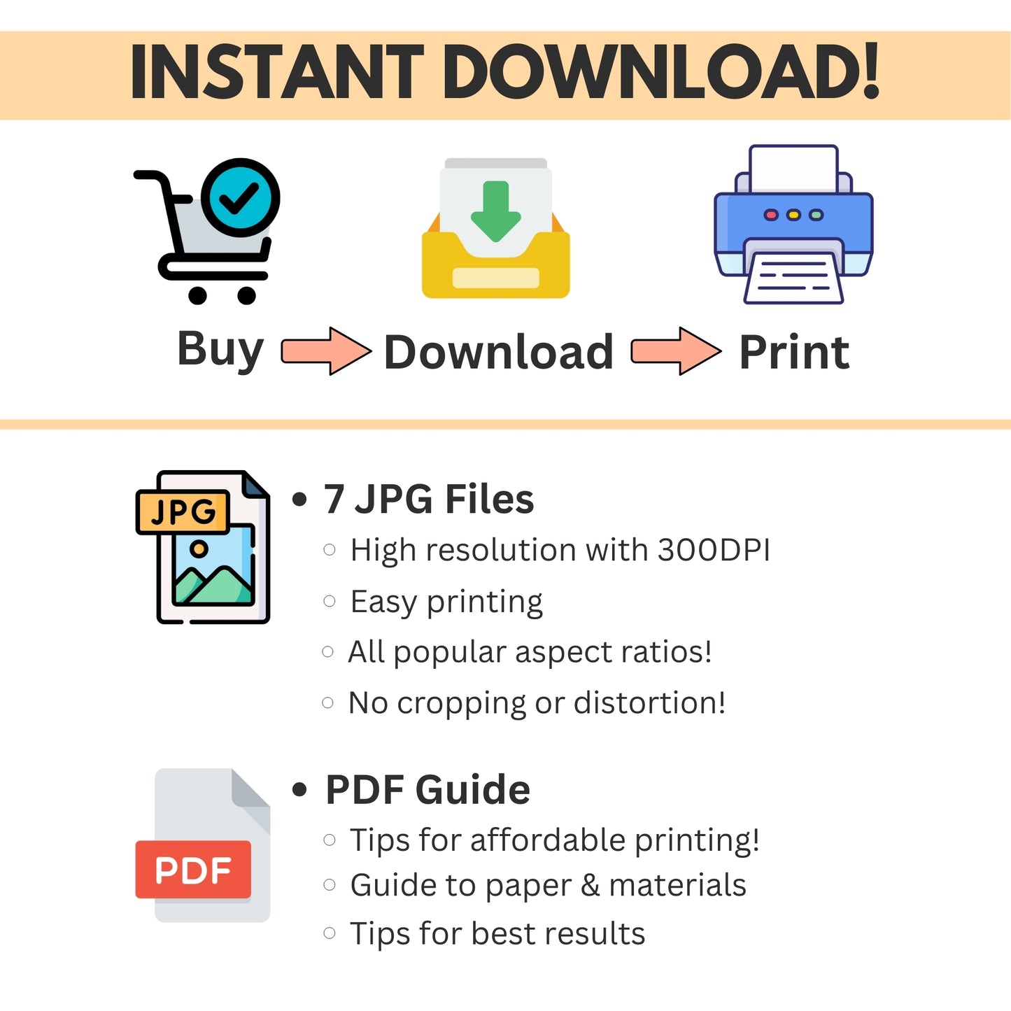 Promotional graphic for instant download with icons and text about buying, downloading, and printing.