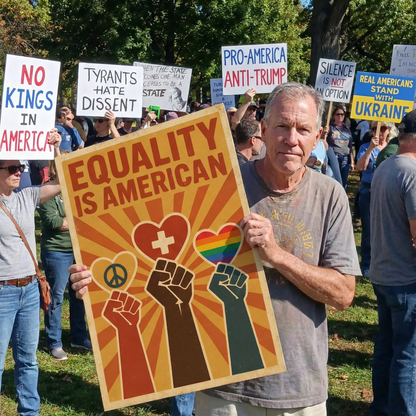 Man holding a sign with 'Equality is American' and various symbols, surrounded by other protesters with signs.