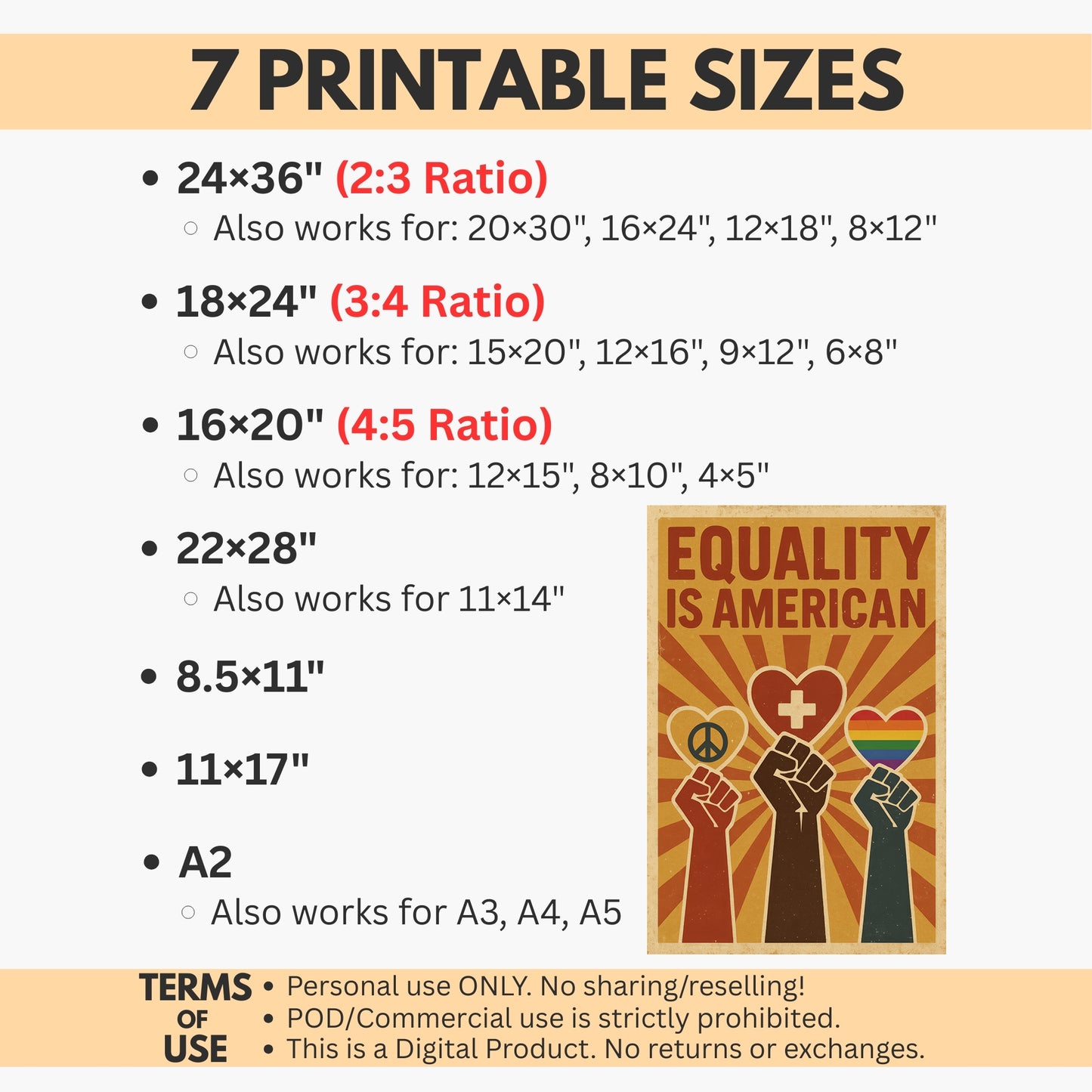Poster with 'Equality is American' design and printable sizes listed on a beige background.