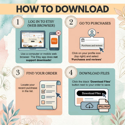 Step-by-step guide on how to download a purchase from Etsy using a web browser.