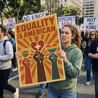 Protestor holding a sign with 'Equality is American' and other messages in a crowd.