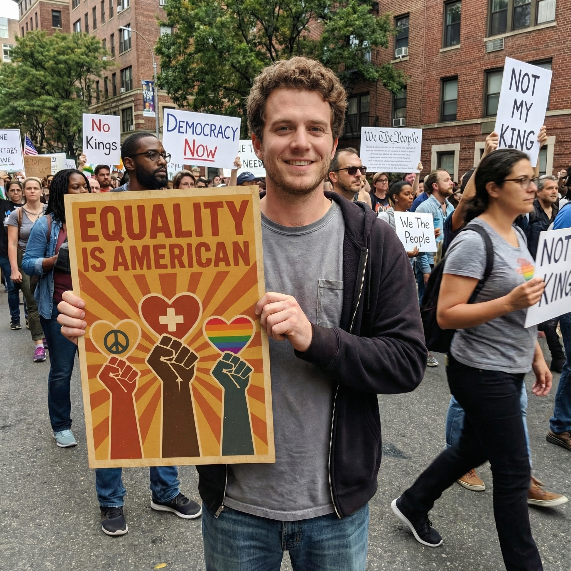 Man holding a 'Equality is American' sign at a protest rally.