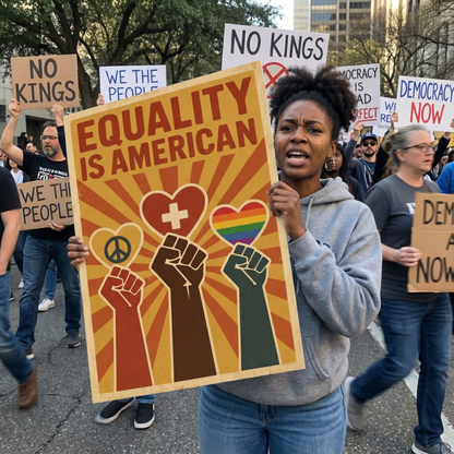 Protestor holding a sign with 'Equality is American' and multicolored fists, surrounded by other protesters with signs.