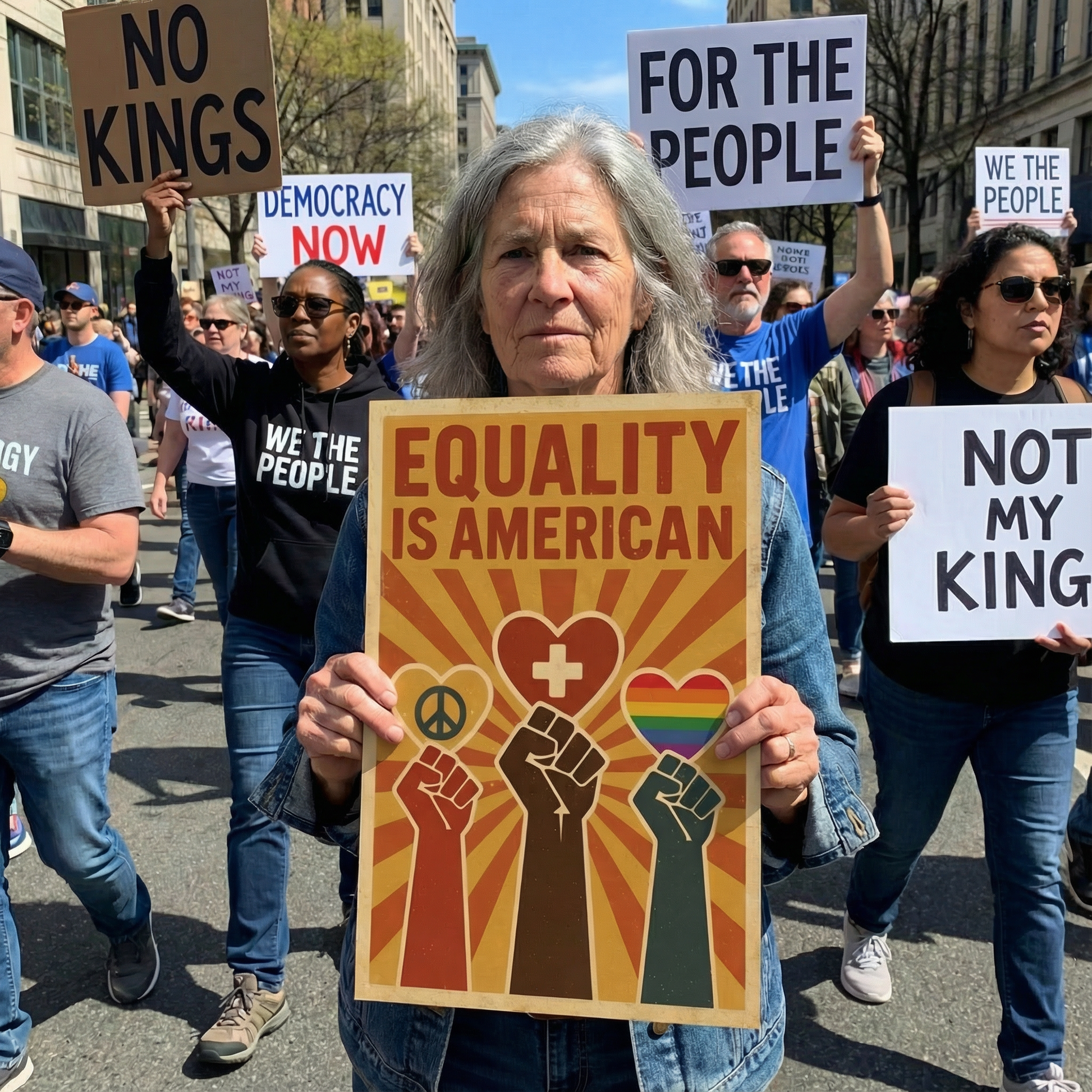 Protestor holding a sign with 'Equality is American' at a rally with other protesters.