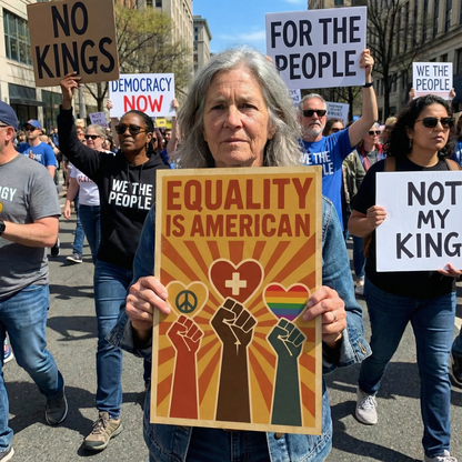 Protestor holding a sign with 'Equality is American' at a rally with other protesters.